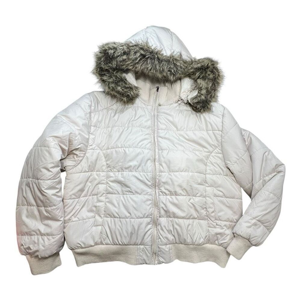 George Palomares Women's 2X Faux Fur Hood Plus Size Puffer Jacket Cream